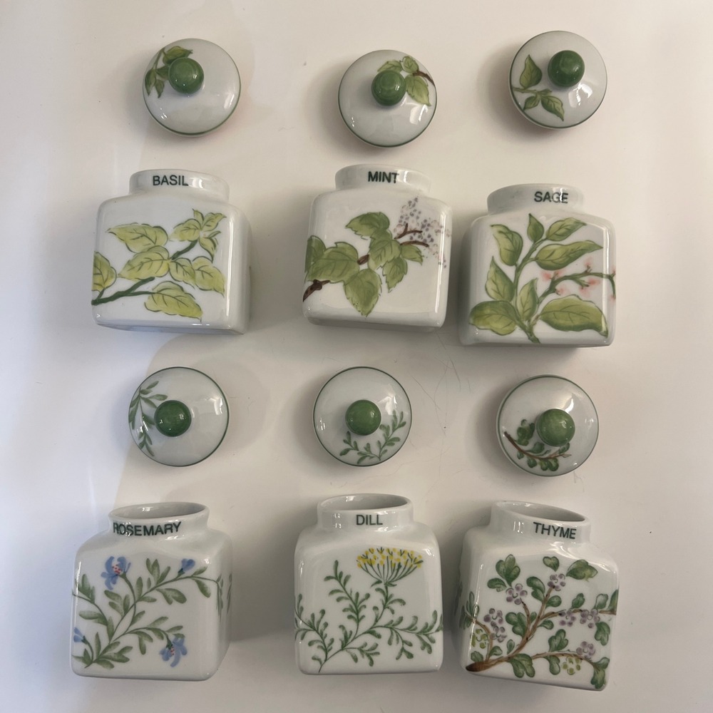 Andrea by Sadek Porcelain Spice Jar Set 6 Piece with Wood Rack Botanical Herbs